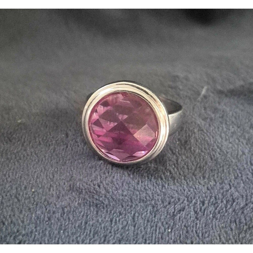 Hsn Ross Simons Sterling Silver Pink CZ Bezel Solitaire Statement Ring Size 8.25